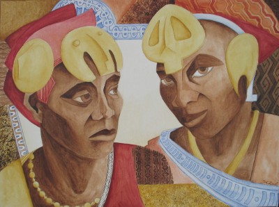 Acrylbild zweier dunkelhäutiger Frauenköpfe mit geometrischem Schmuck